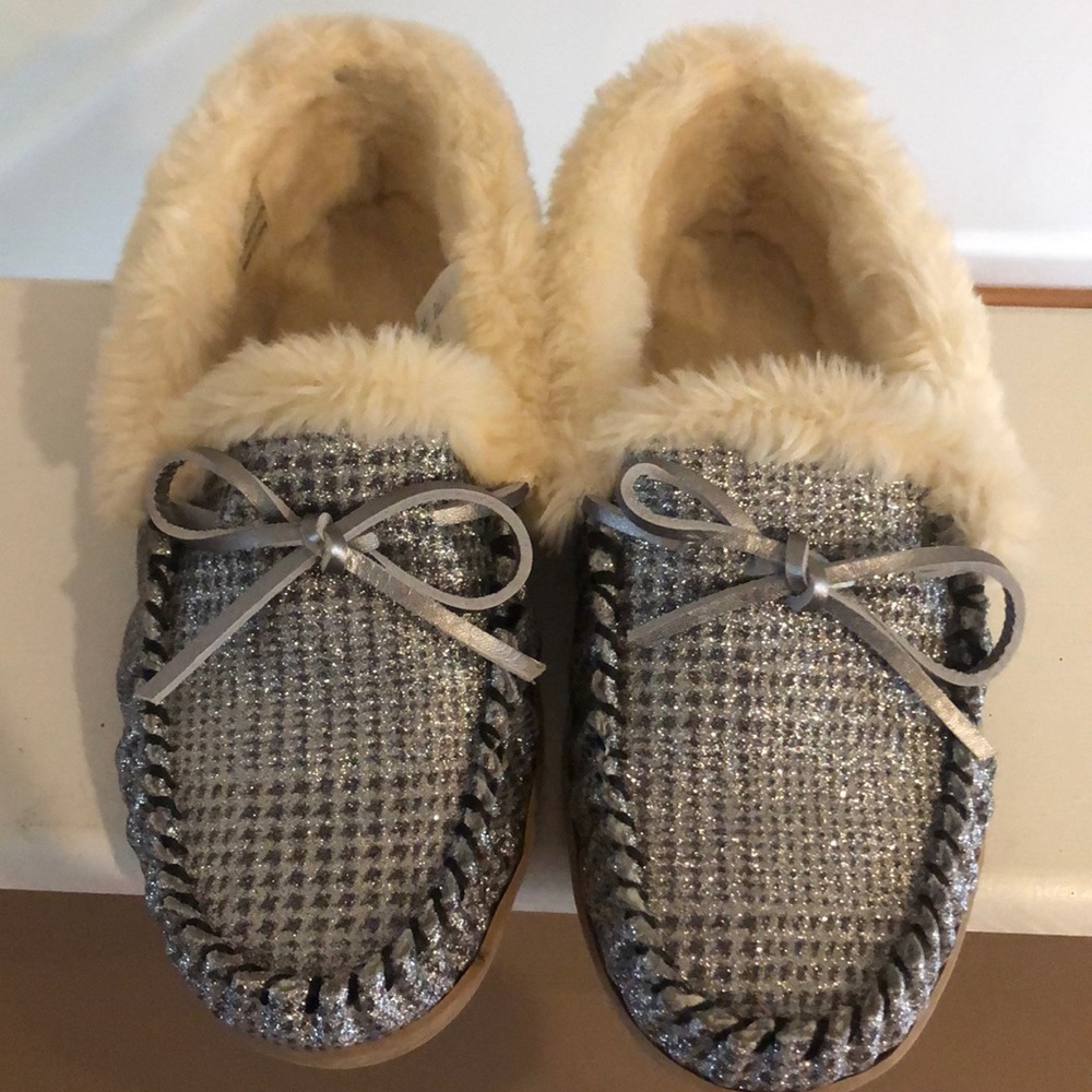 J Crew fleece glitter slippers
